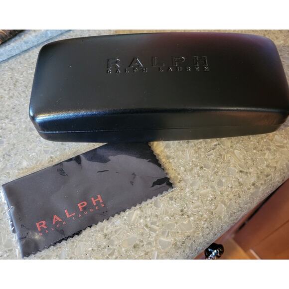 Ralph Lauren Black Hard Shell Glasses Case Faux Leather Protective Cleaning Coth - Picture 2 of 5